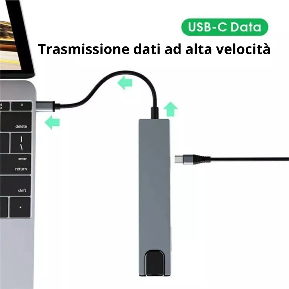 Docking Station USB-C collegata a laptop con scritta 'Trasmissione dati ad alta velocità', ideale per accessori notebook. Docking Station USB-C collegata a laptop con scritta 'Trasmissione dati ad alta velocità', ideale per accessori notebook.